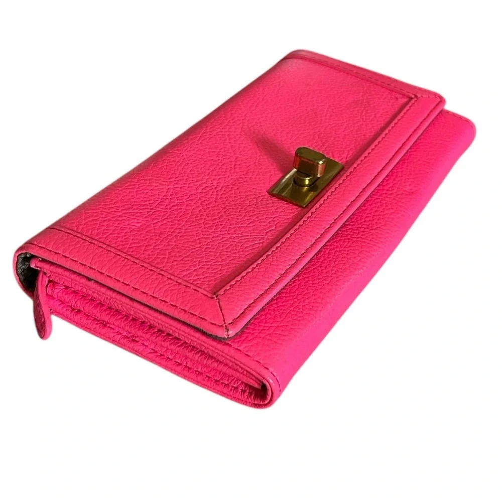 J.Crew Large Leather Gold Toggle Hot Pink Pebbled Leather  Wallet Clutch - Picture 3 of 7